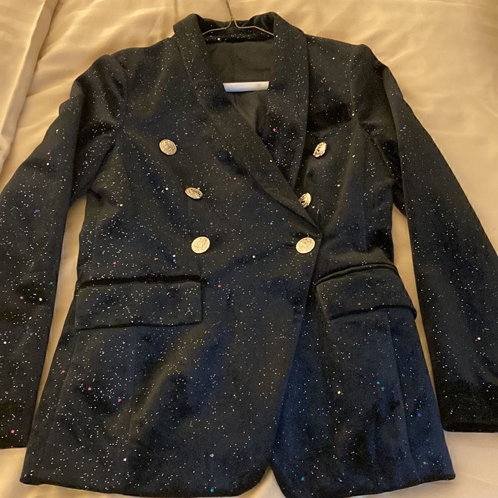 Black Velvet Celestial Woman’s Blazer with Multicolor Sparkles & Stars. Sz 2.